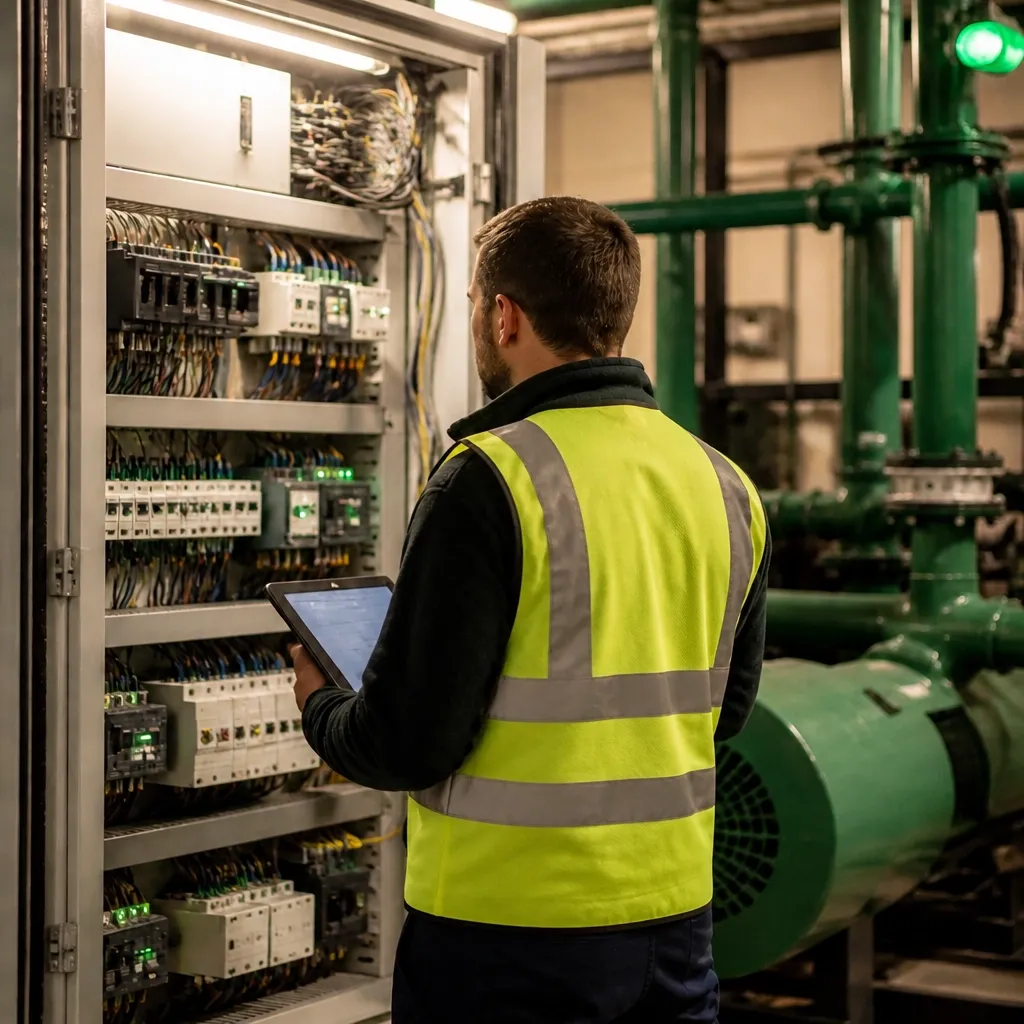 Engineer reviewing energy evidence beside an open distribution board during an investigation